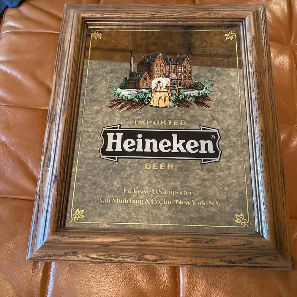 Vintage Mirrored Heineken Imported Beer Bar Sign Wood